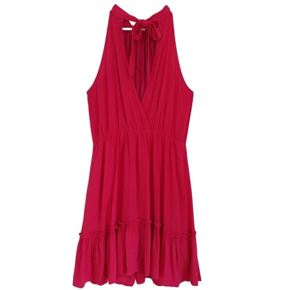 Pink sleeveless halterneck dress with ruffle hem and bow at back, viscose. - Picture 2 of 7
